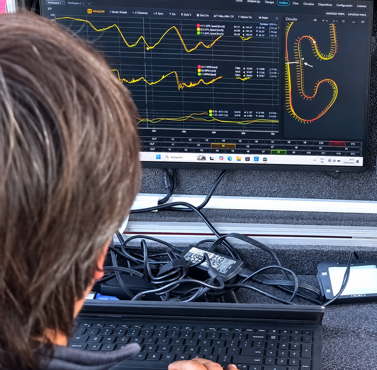 NiGanalysis analizando datos de pista en un puesto de trabajo de competición