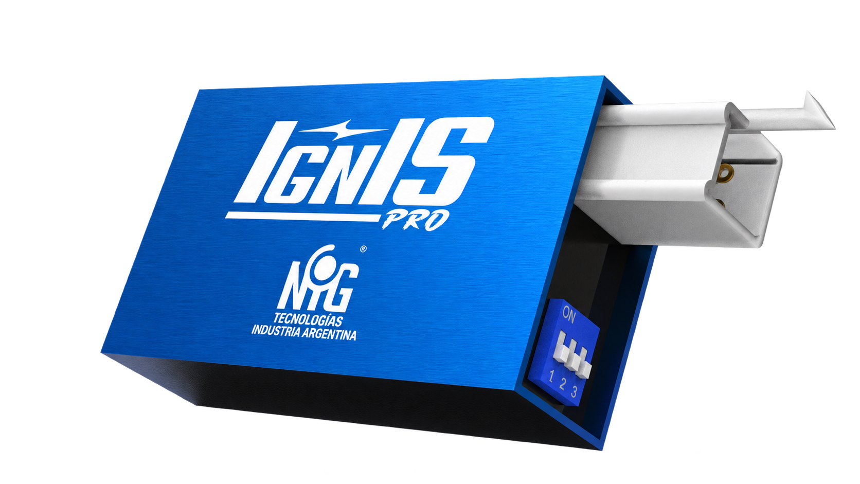 IGNISPRO de NiG con carcasa azul, conector blanco y tres teclas de selección